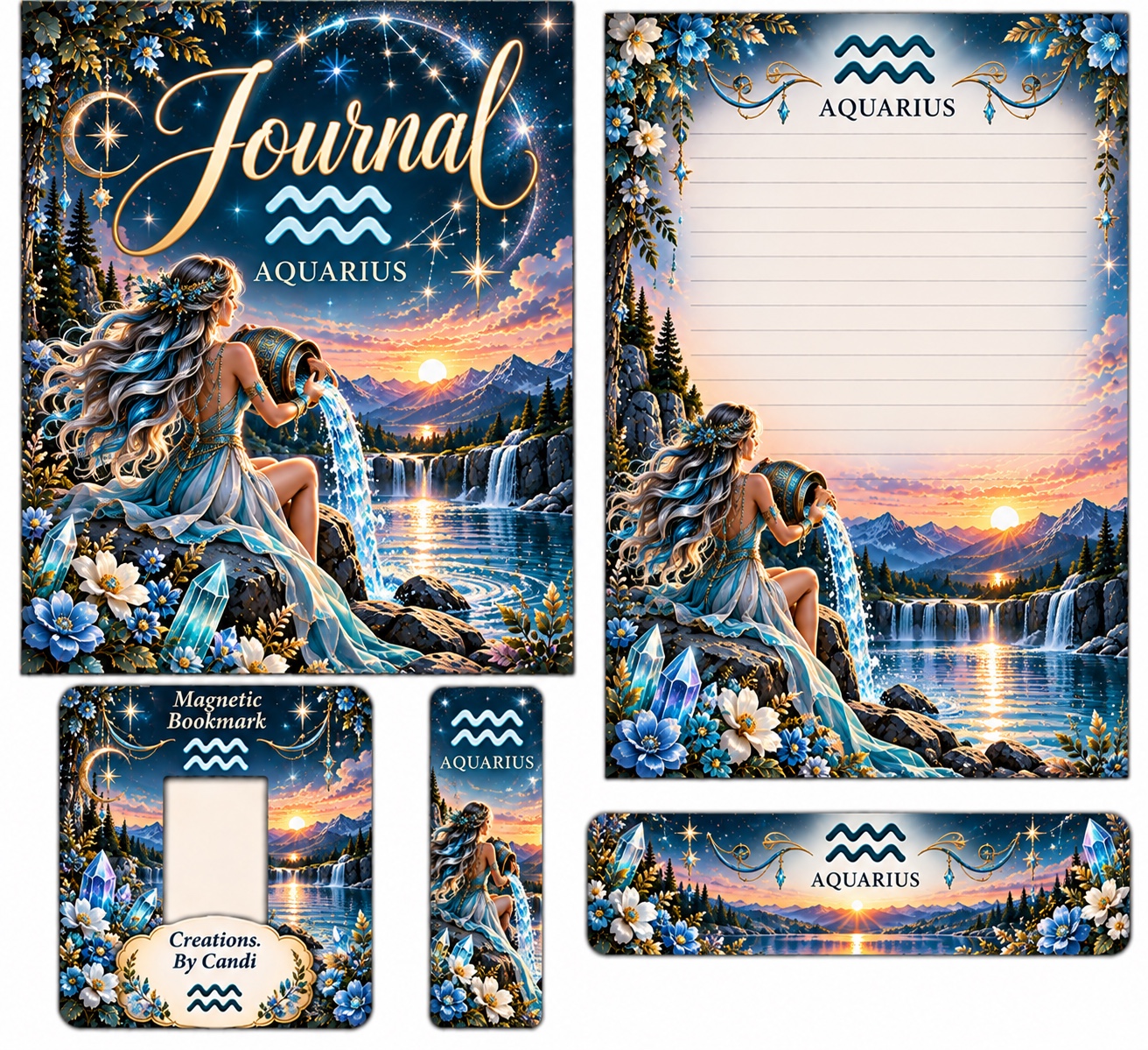 Aquarius — coordinated journal, stationery and bookmark design example