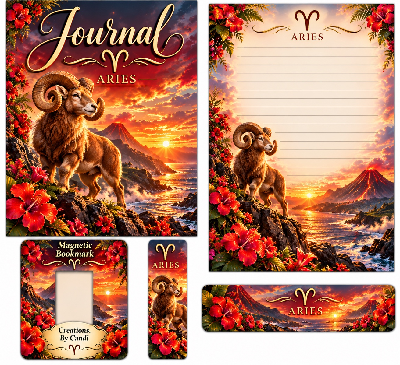 Aries — coordinated journal, stationery and bookmark design example