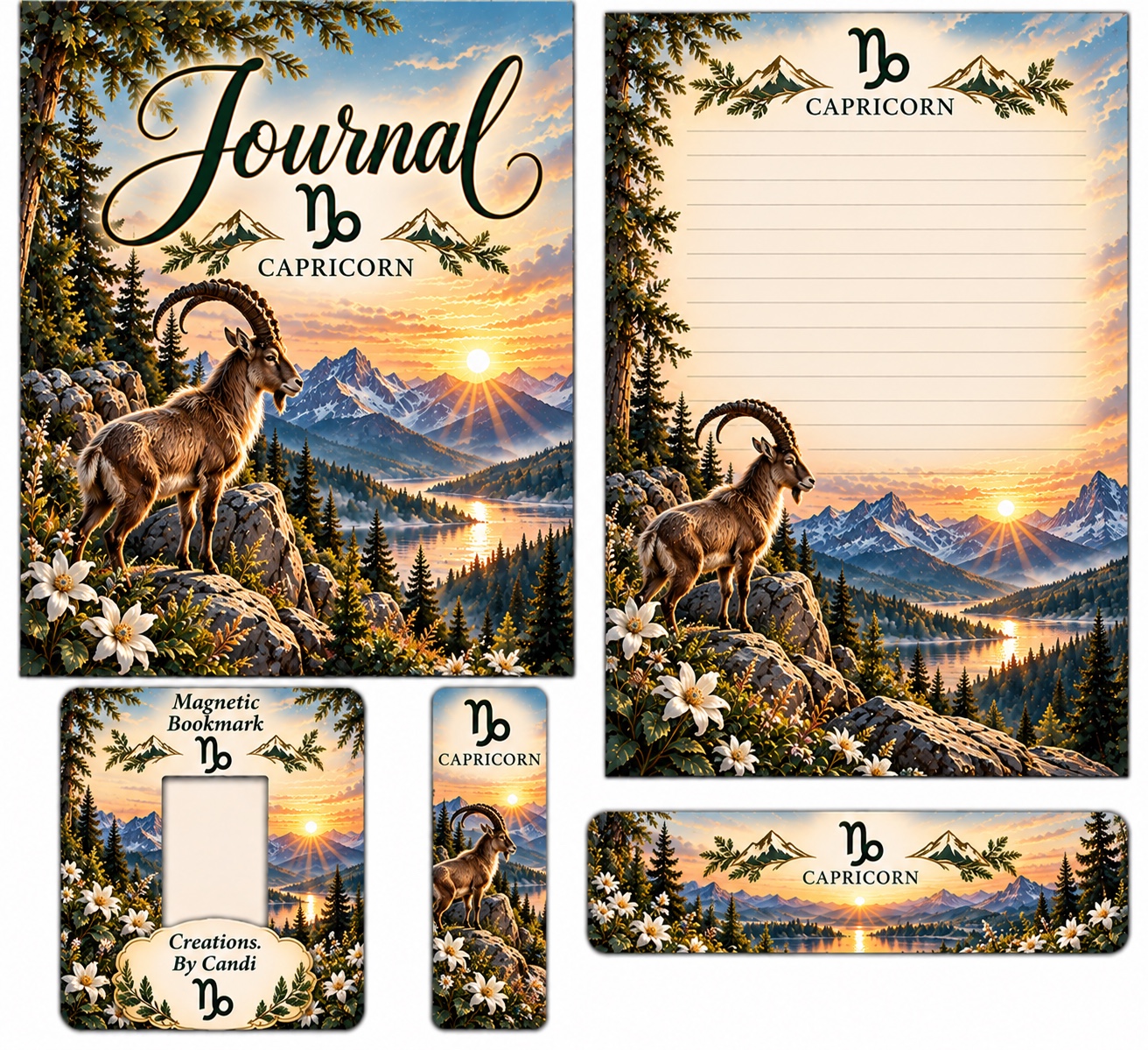 Capricorn — coordinated journal, stationery and bookmark design example