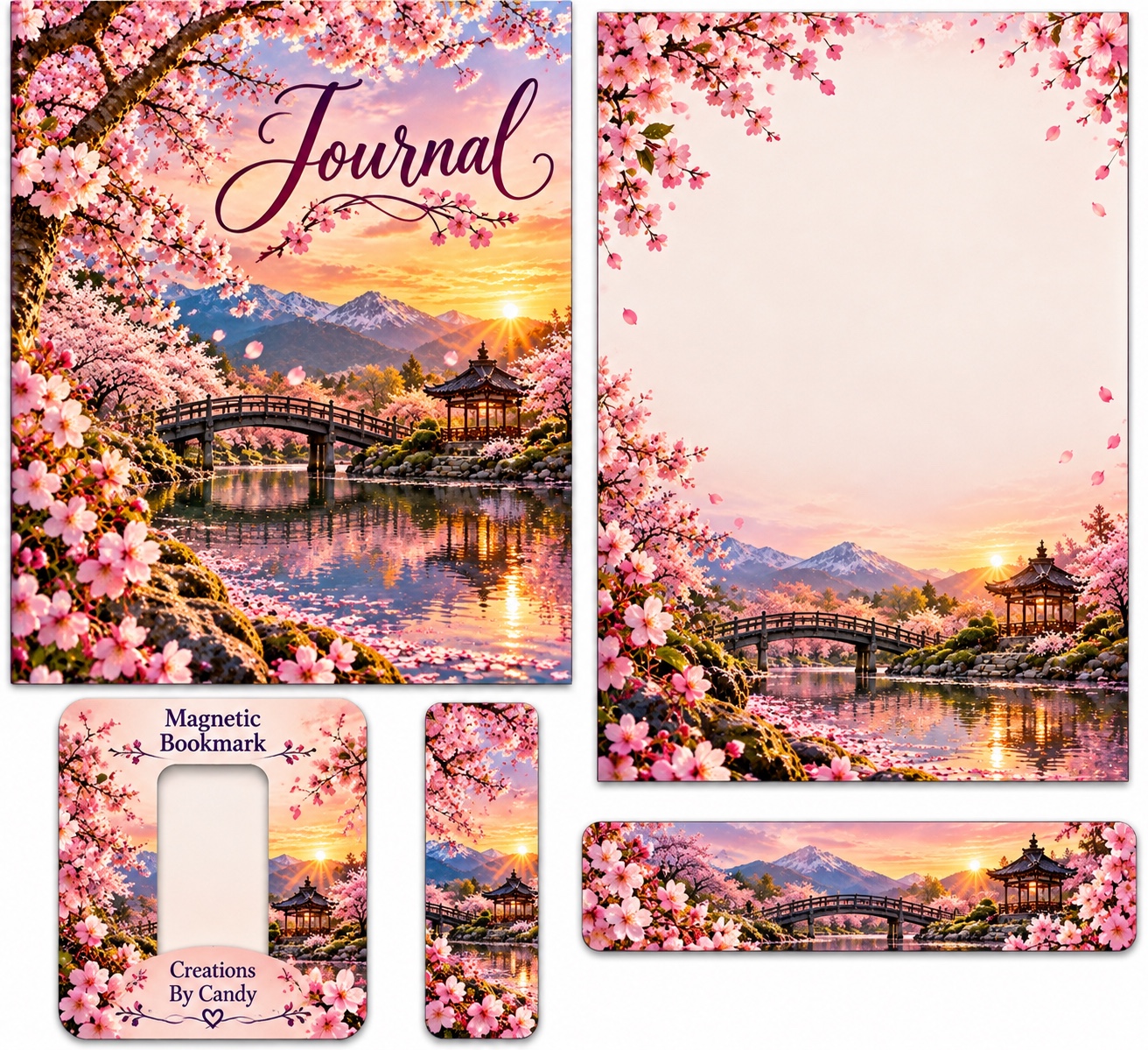 Cherry Blossom Garden — coordinated journal, stationery and bookmark design example