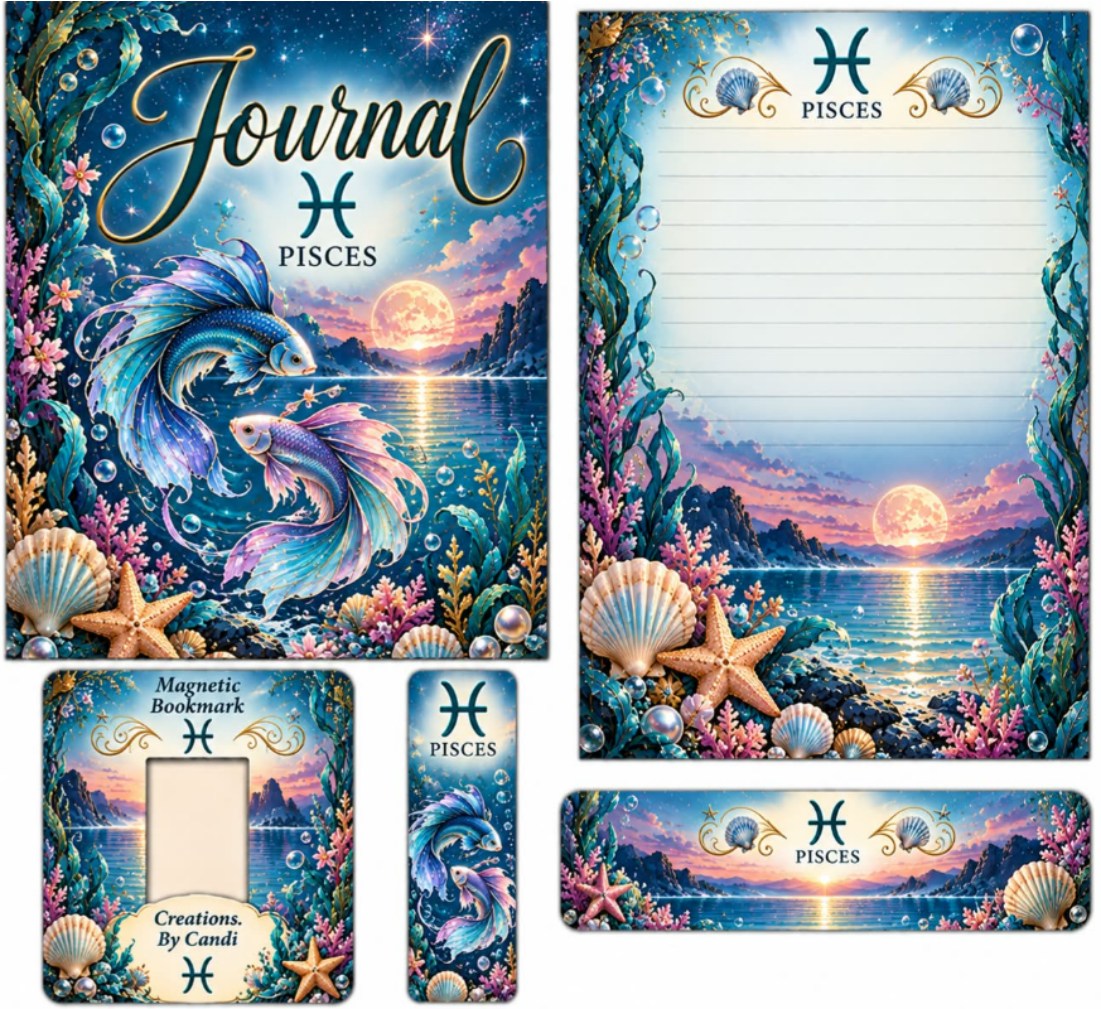 Coordinated Pisces journal design with blue and pink fish, an ocean sunset, lined paper and magnetic bookmark