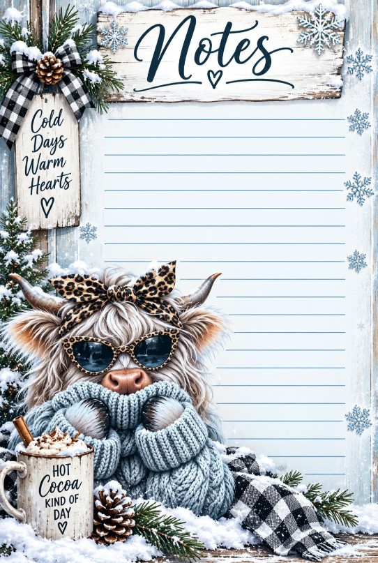 Winter Highland Cow notepad — catalog artwork preview