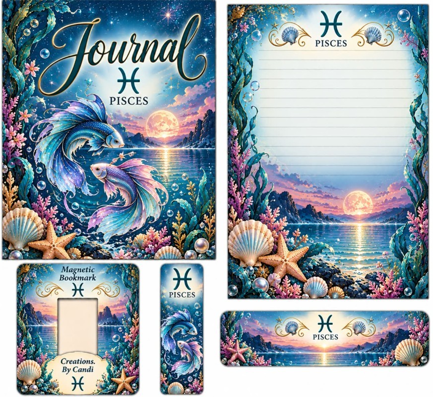Coordinated Pisces journal design with blue and pink fish, an ocean sunset, lined paper and magnetic bookmark