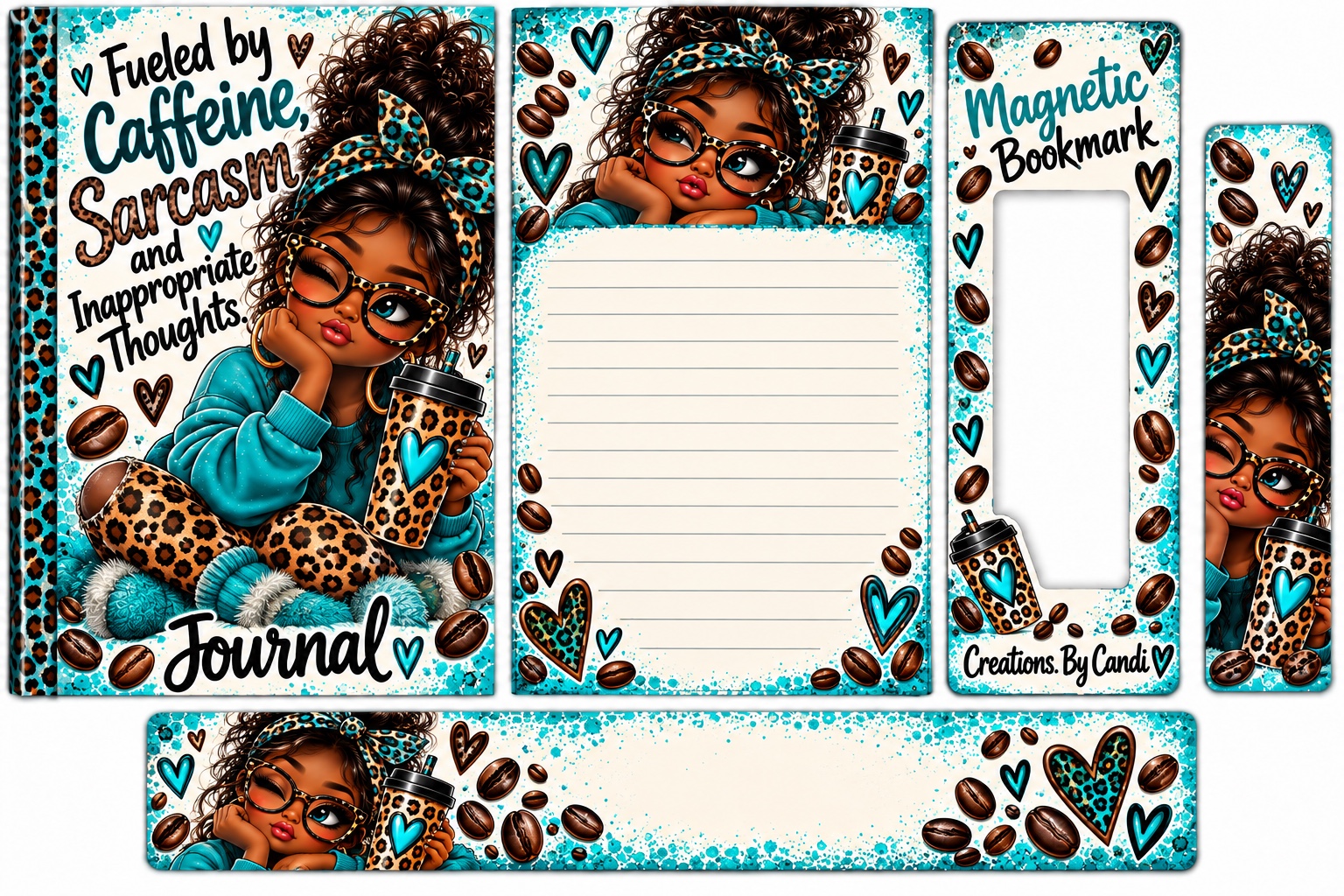 Turquoise coordinated journal, lined stationery, magnetic bookmark and bookmark design featuring a woman with glasses and a coffee tumbler.