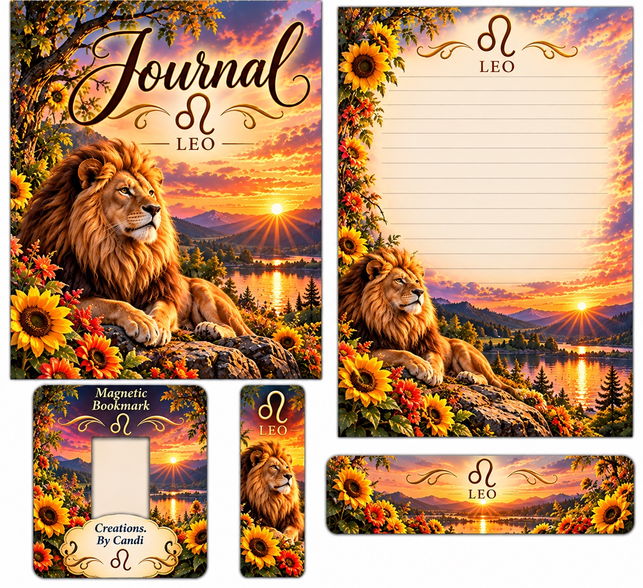 Leo — coordinated journal, stationery and bookmark design example
