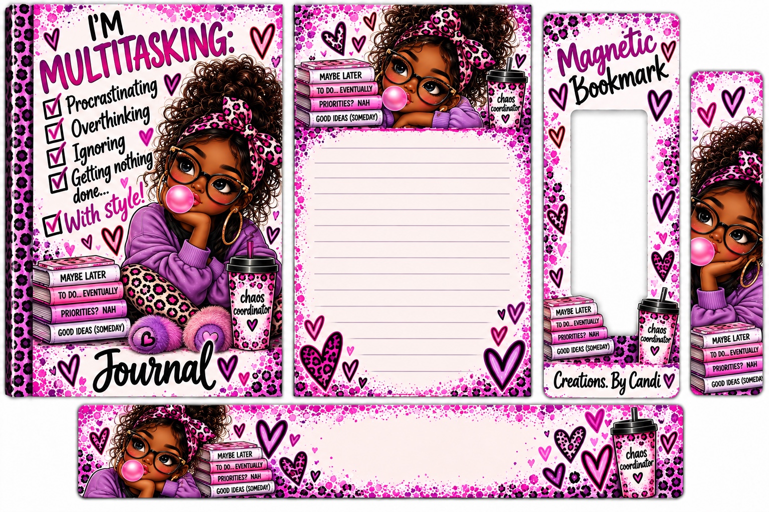 Purple and pink coordinated journal, lined stationery, magnetic bookmark and bookmark design featuring a woman with glasses blowing bubblegum.