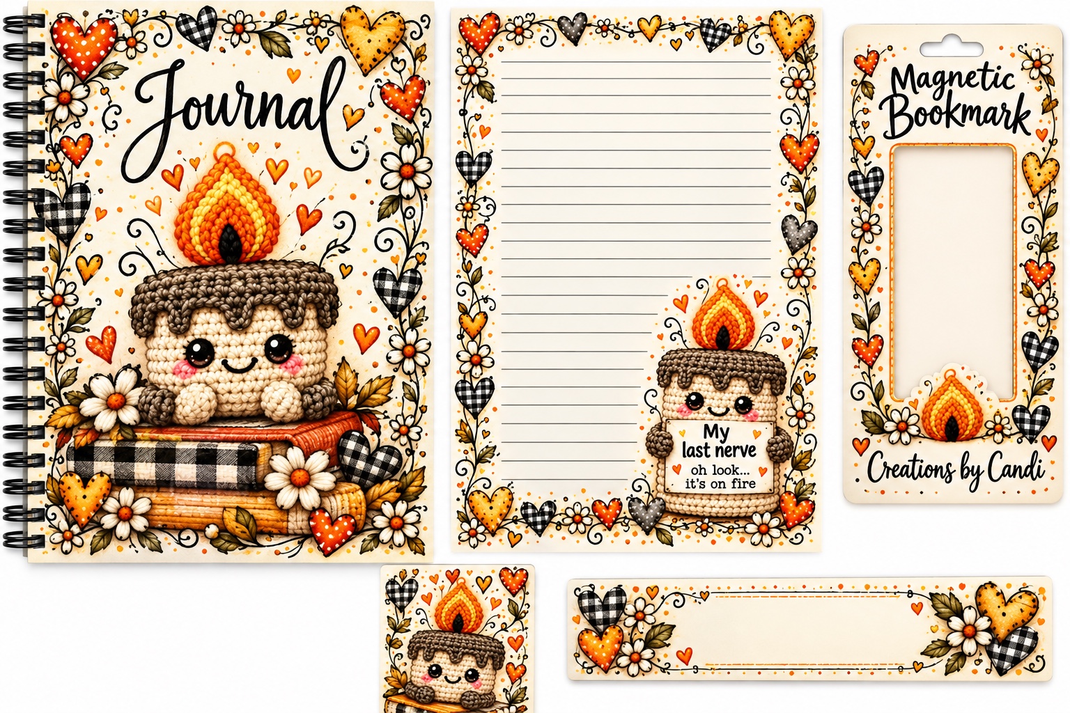 Cream and orange coordinated journal, lined stationery and bookmark design featuring a crochet-style smiling candle, hearts and daisies.