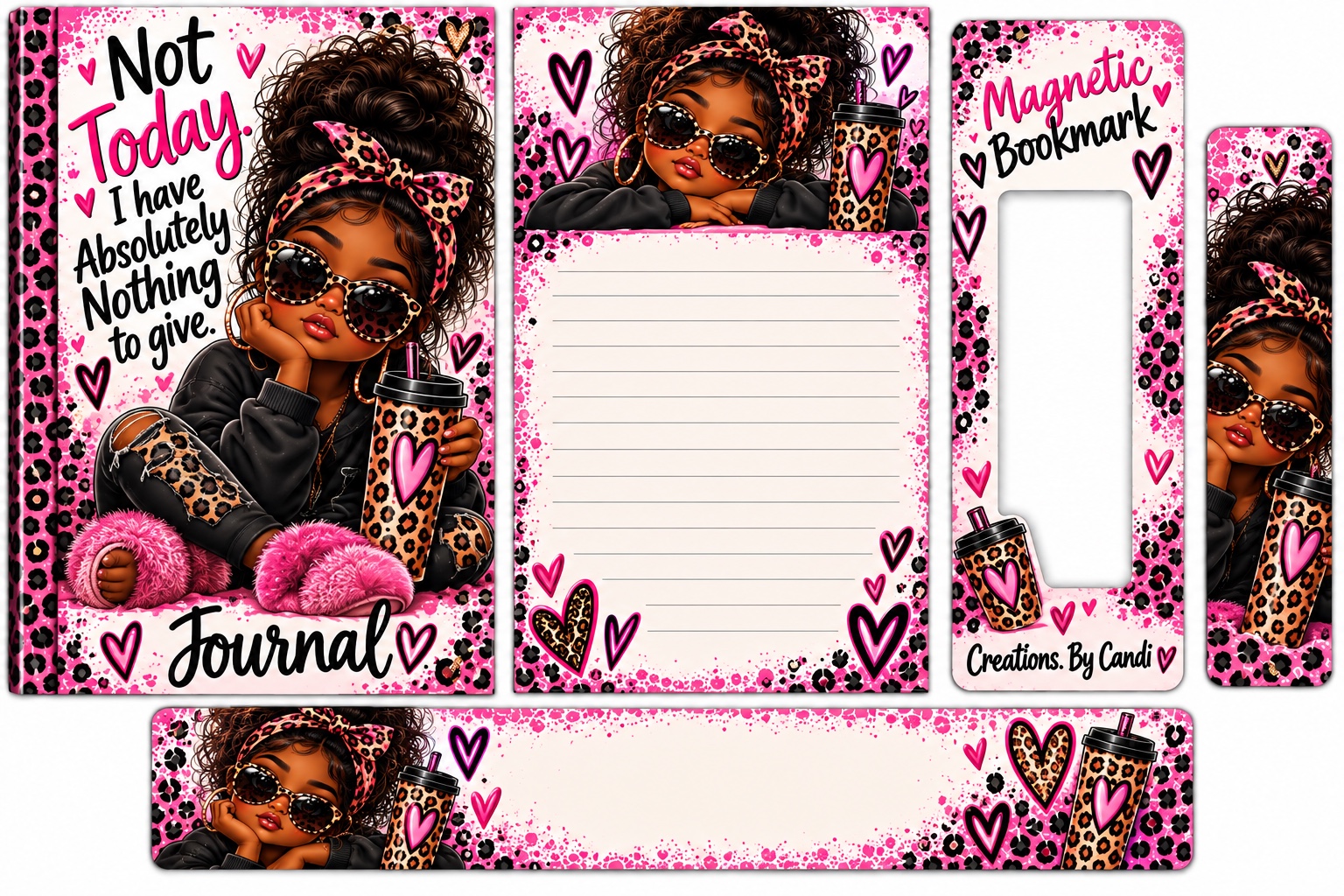 Pink leopard-print coordinated journal, lined stationery, magnetic bookmark and bookmark design featuring a woman in sunglasses with a coffee tumbler.