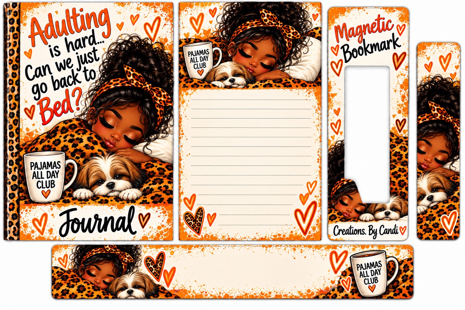 Orange and cream coordinated journal, lined stationery, magnetic bookmark and bookmark design featuring a sleeping woman and dog.