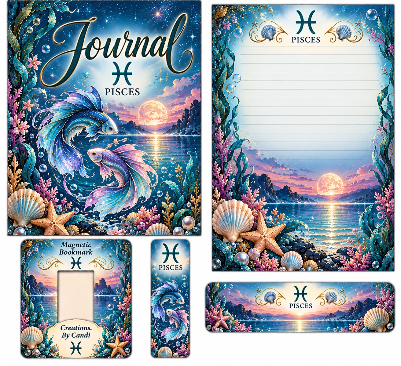 Coordinated Pisces journal design with blue and pink fish, an ocean sunset, lined paper and magnetic bookmark