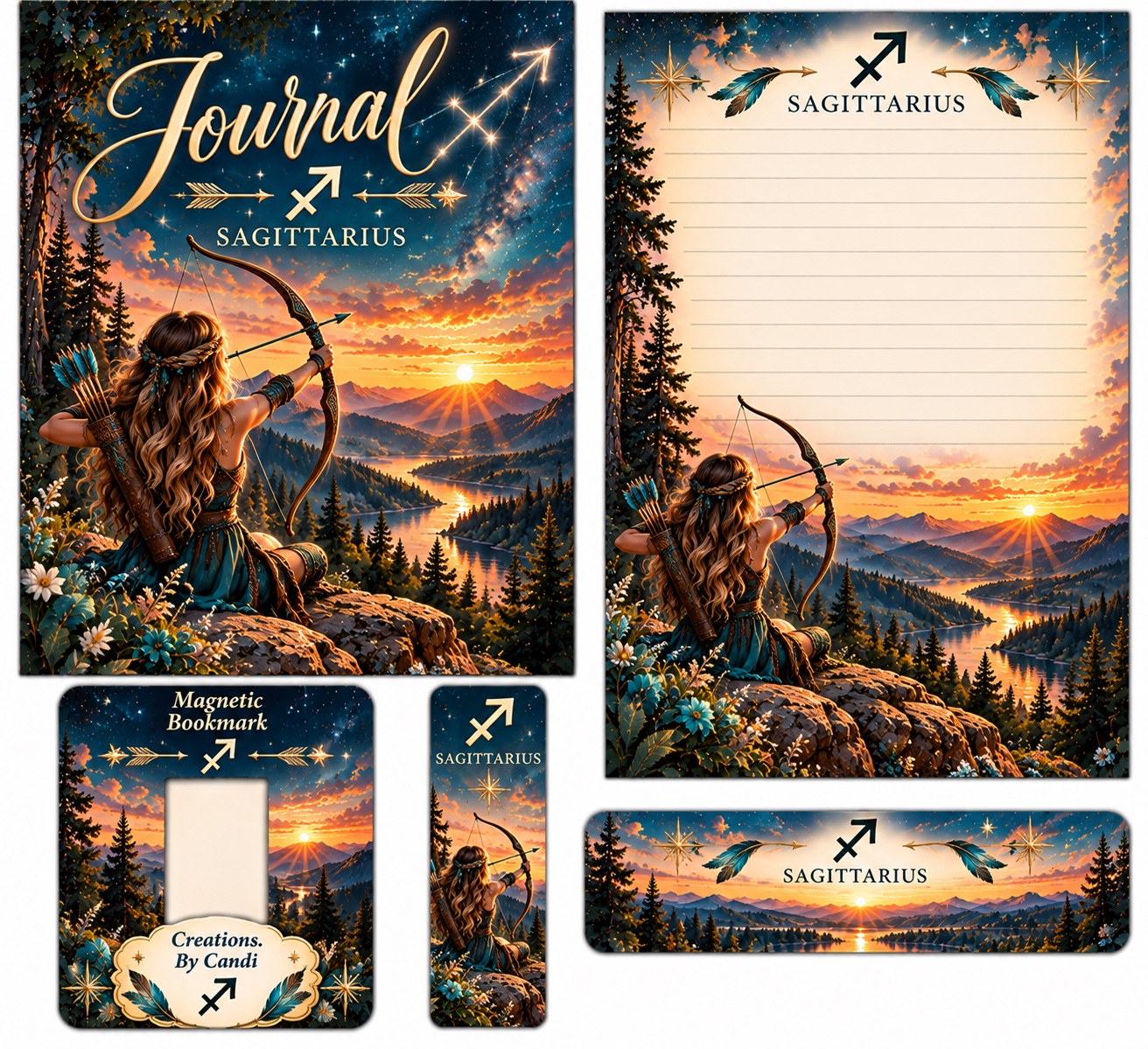 Sagittarius — coordinated journal, stationery and bookmark design example