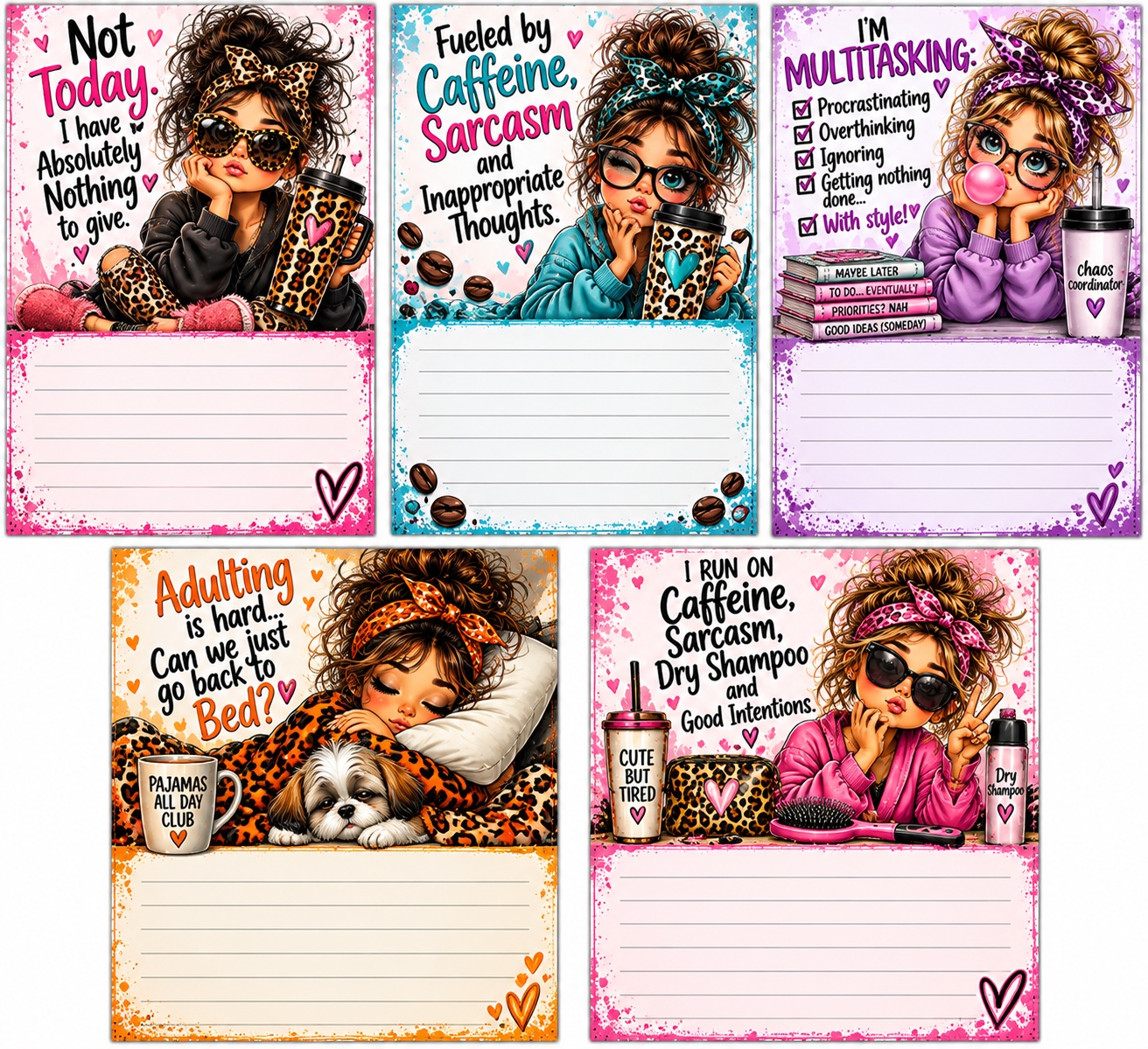 Caffeine & Sass — five illustrated humorous lined notepad designs