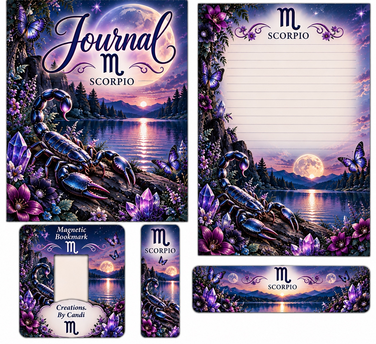 Scorpio — coordinated journal, stationery and bookmark design example