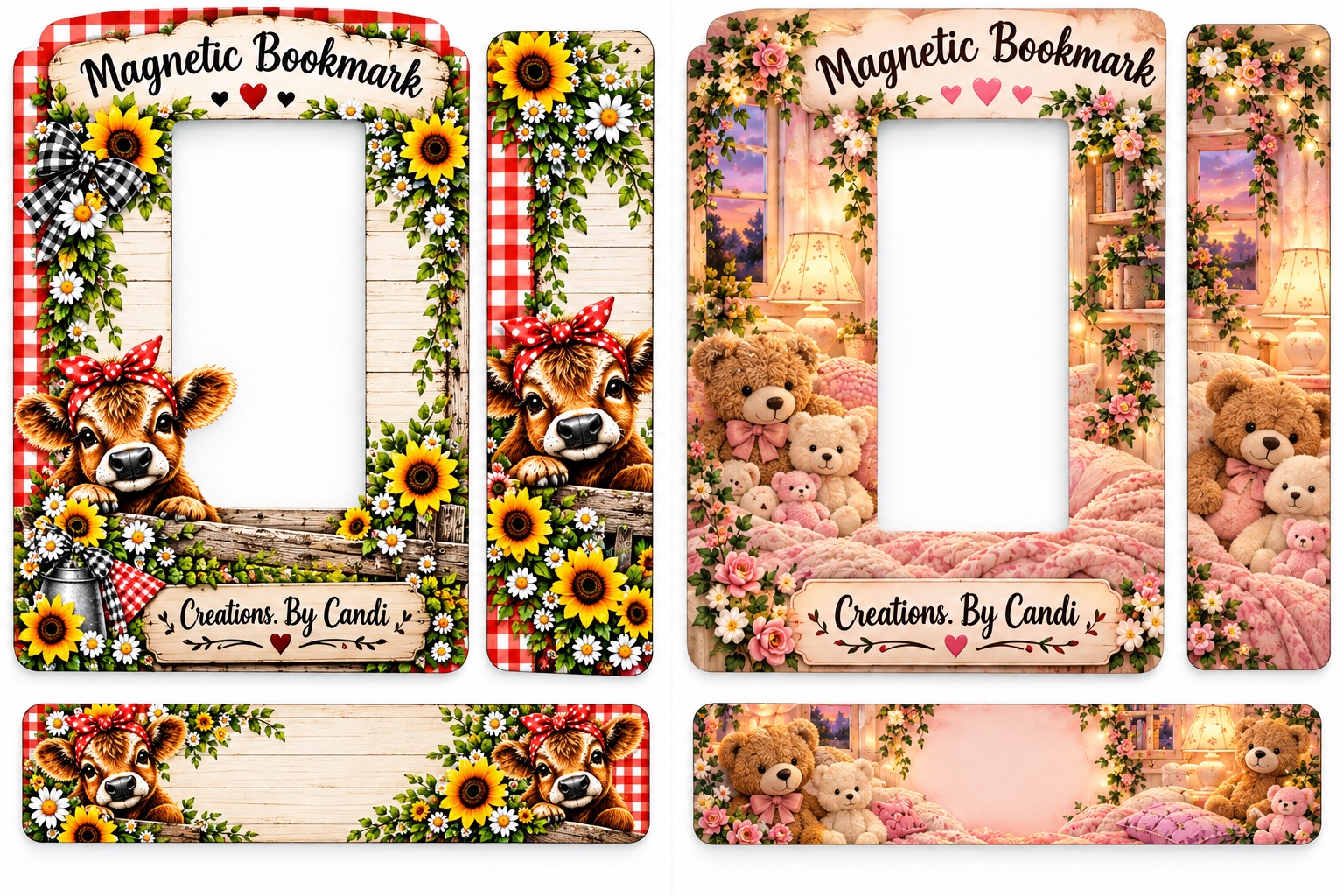 Shared bookmark artwork preview: Sunflower Highland Cow on the left and Cozy Teddy Bears on the right.