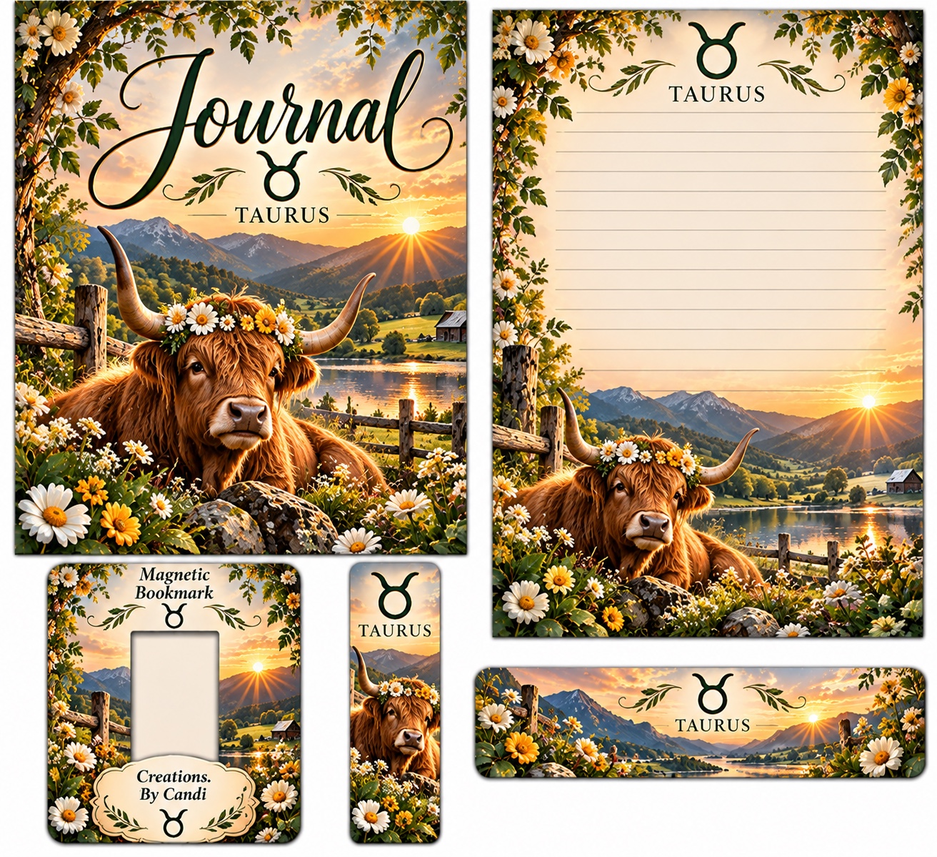 Taurus — coordinated journal, stationery and bookmark design example