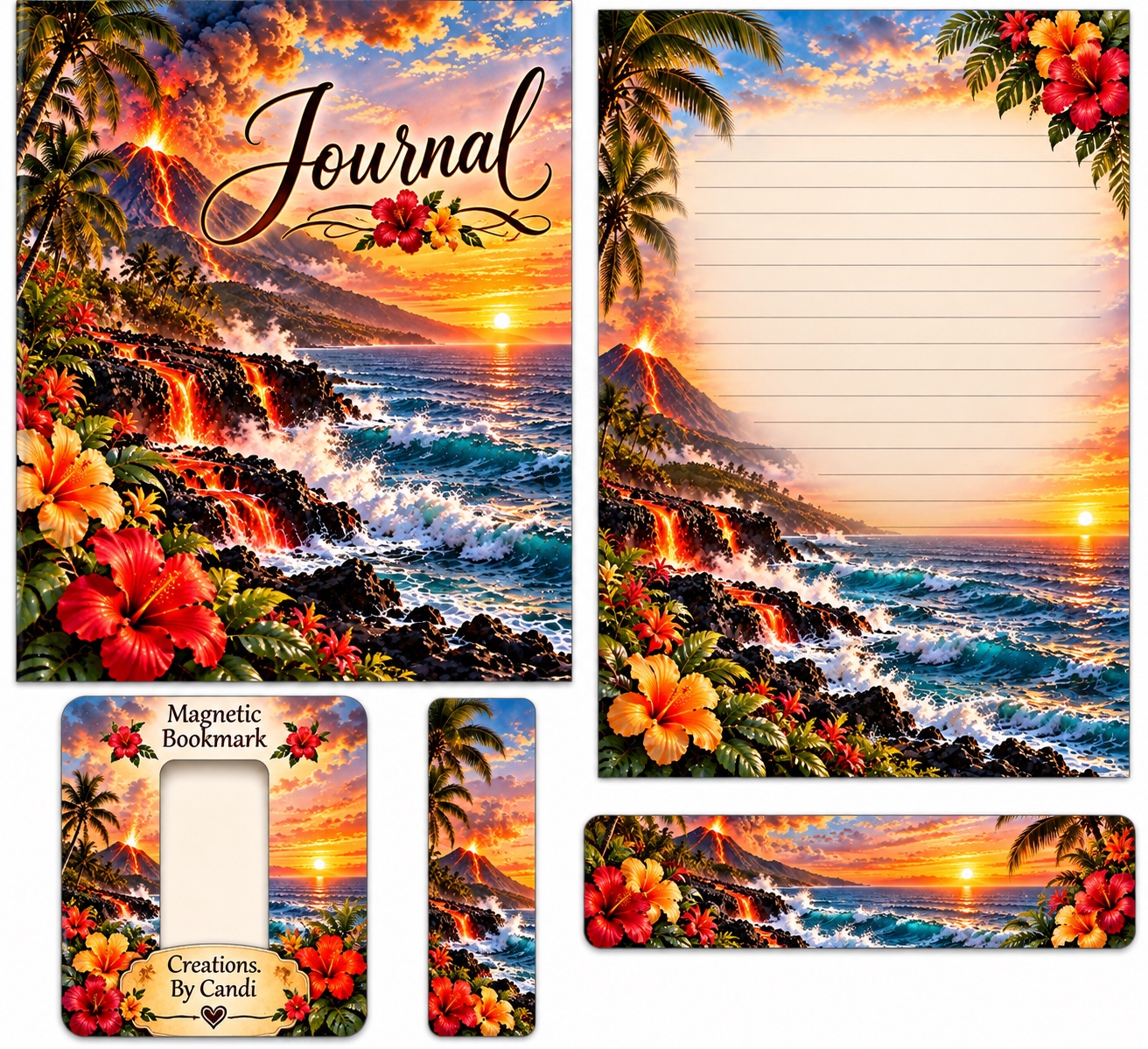 Tropical Volcano — coordinated journal, stationery and bookmark design example