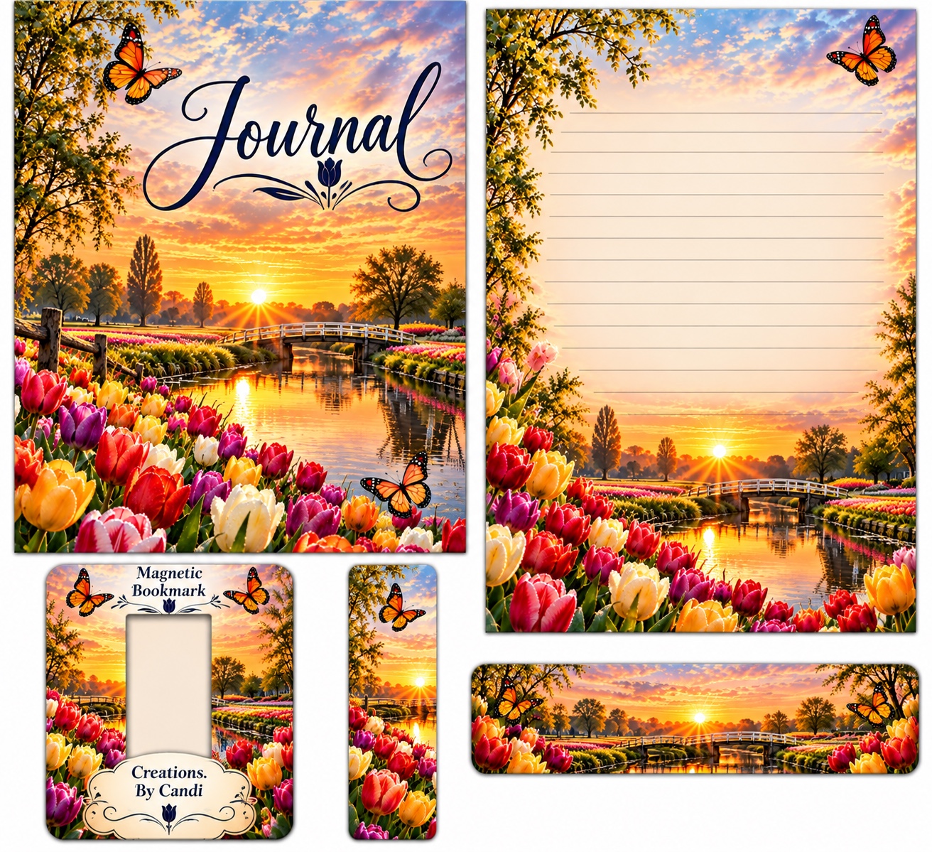 Tulip Garden — coordinated journal, stationery and bookmark design example