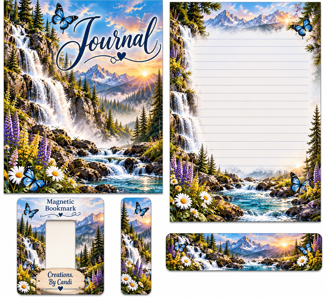Mountain Waterfall — coordinated journal, stationery and bookmark design example